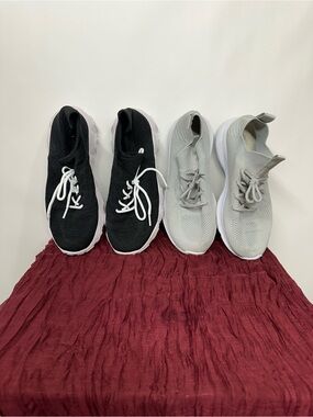 2 Pair Women’s Knit Sneakers Black Gray Lace Up Slip On Athletic Shoes